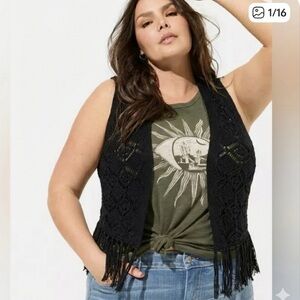 Torrid Pointelle Fringe Open Front Vest Black Crochet Festival Whimsigoth NWT 3X